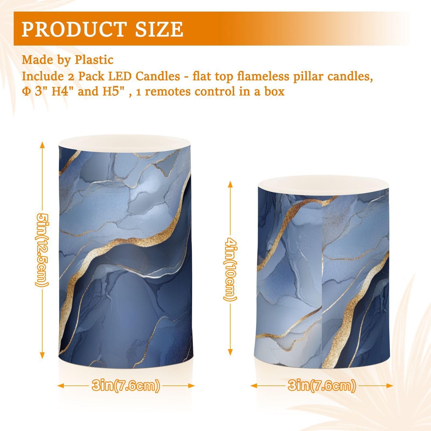 famyily Marble Silver Navy Blue Flameless Flickering Candles Led Flameless Candles with Timer for Table 4" 5" Set of 2