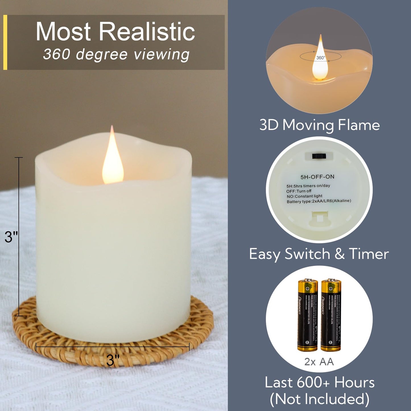 TECHLONG Flameless Candles Battery Operated with Timer, 3D Moving Flame Flickering, Last 600+ Hours Battery Candles, 3" x 3" Ivory Real Wax Electric LED Candle for Wedding Party Decorations