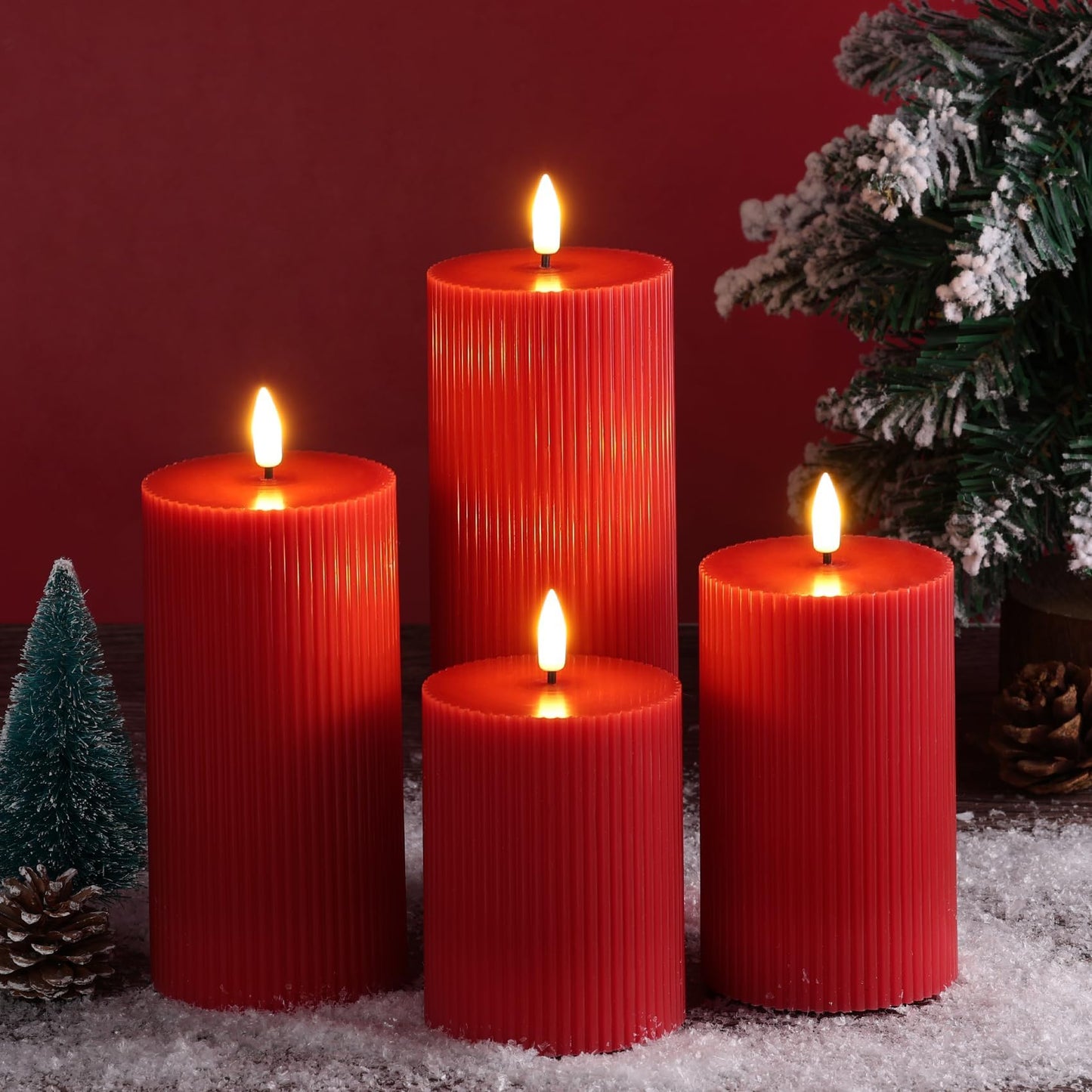 Girimax Red Ribbed Flameless Pillar Candles with Remote, Flat Top Flickering LED Wax Candles Battery Operated Set of 4