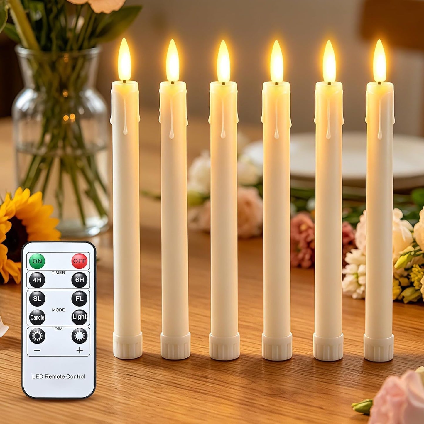 JOSU LED Flameless Taper Candles with Remote Timer, 6 Pcs Ivory Fake Candlesticks Battery Operated 3D Flickering, Realistic Electric Candles Warmer Lamp Light for Wedding Party Home Decor, 0.78"x8.86"