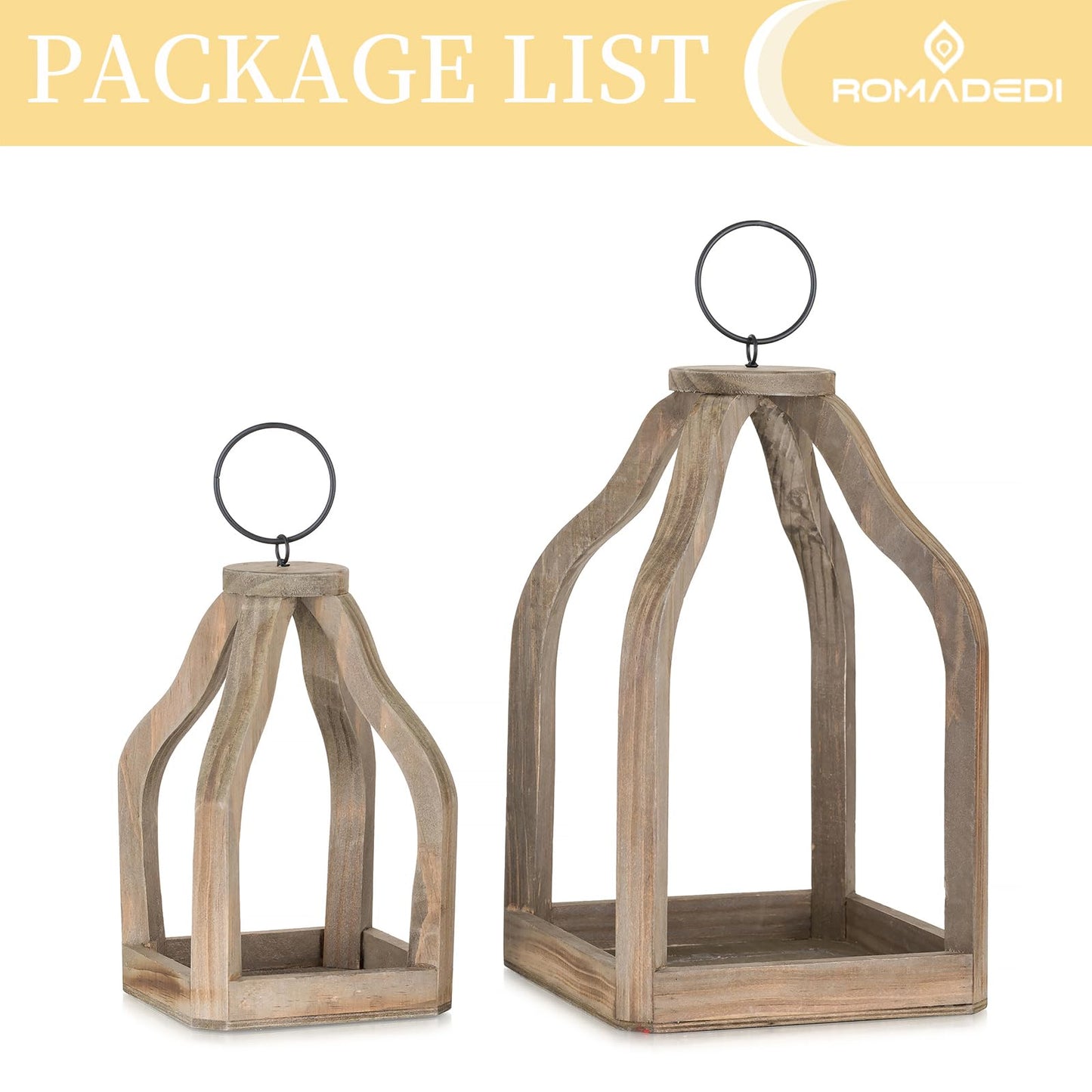 Romadedi Farmhouse Decorative Lantern Wooden - Set of 2 Rustic Wood Lanterns Candle Holder for Wedding Table Centerpieces Indoor Outdoor Fireplace Mantle Home Decor, Brown