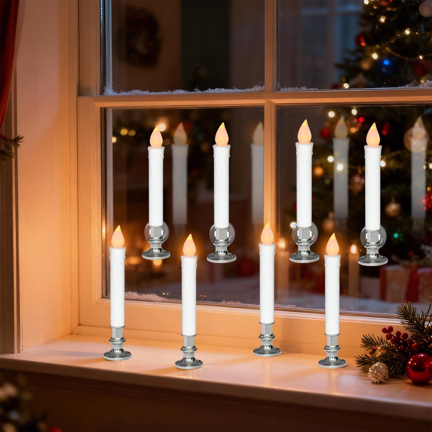 DRomance 9" Flameless Window Taper Candles Battery Operated with 8-Key Remote and Timer, 4 Pack White Christmas Holdiay Window Candles with Silver Holders, Suction Cups and AA Batteries Included