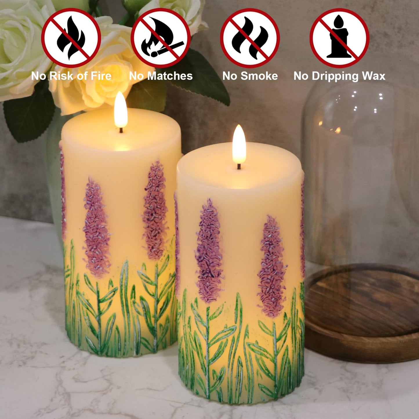 DRomance Lavender Flameless Candles Battery Operated with 6 Hour Timer 3D Wick Flickering LED Pillar Candles Real Wax Hand-Painted Dinner Christmas Holiday Decor(2 Pack, 3" D x 6.5" H)