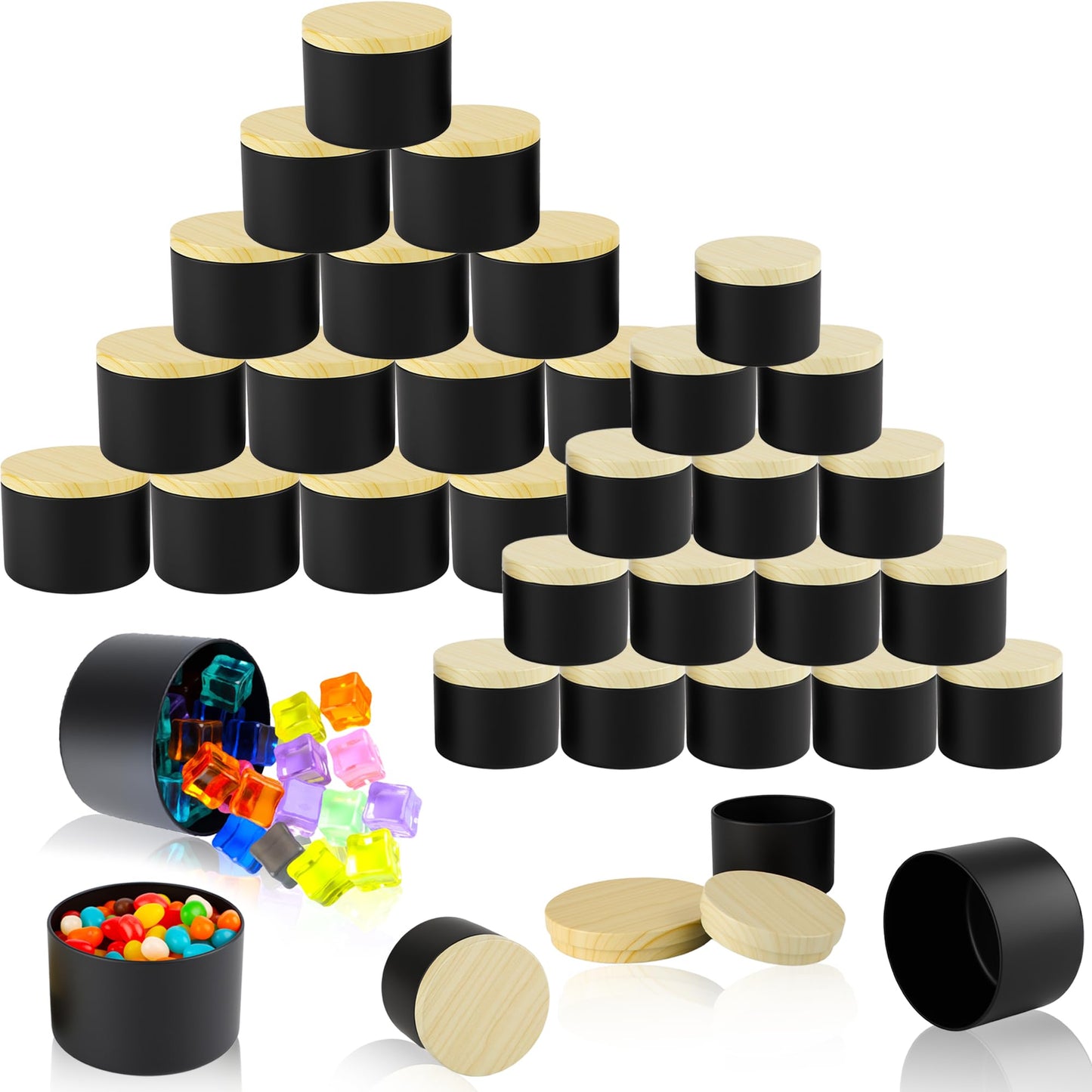 Swakuta 30 Pack Candle Tins for Candle Jars Making Black Metal Empty Candles Container with Wood-Grain Lids Bulk 4 8 oz Gift DIY Storage Supplies