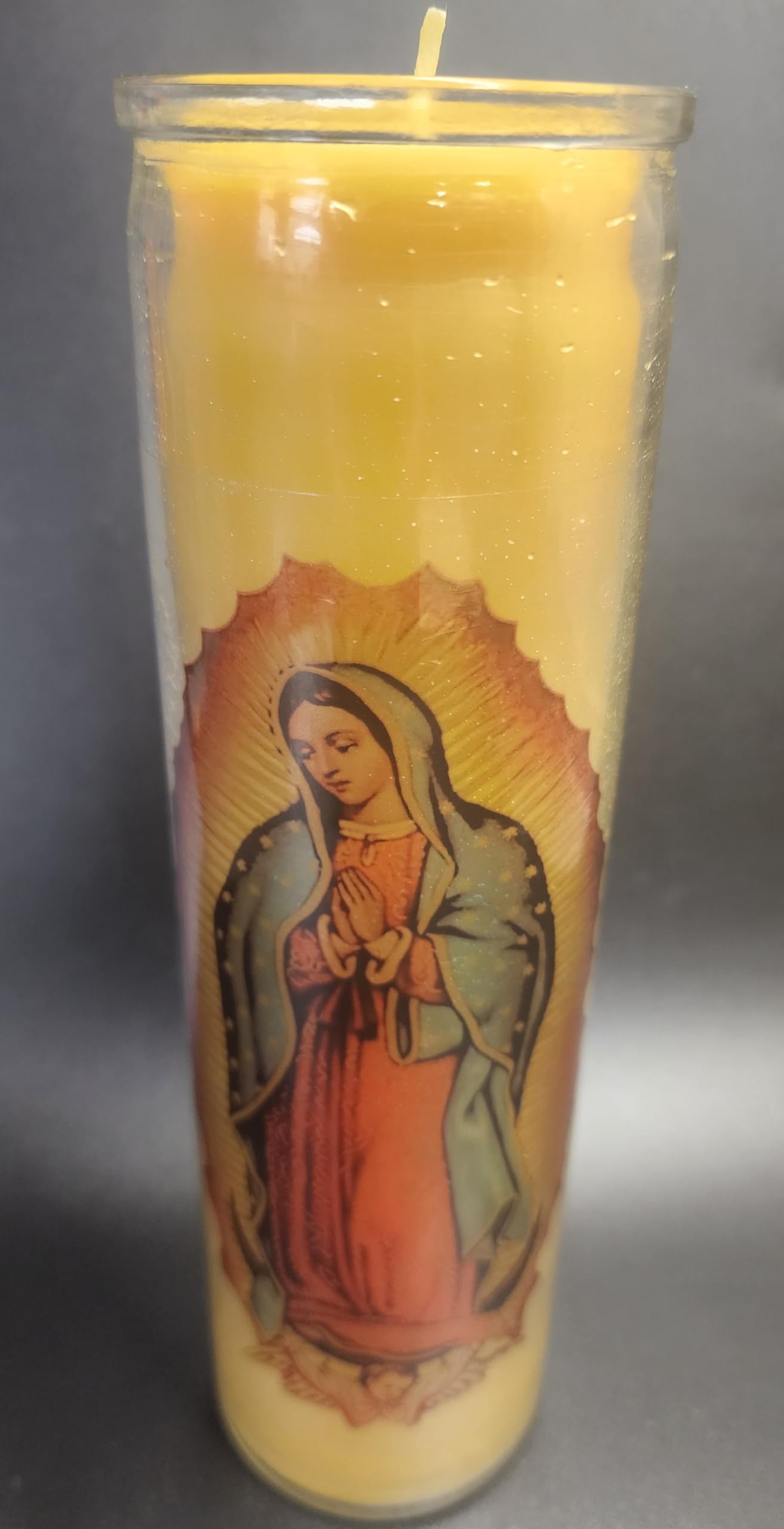 100% USA Quality Authentic Beeswax Devotional Candle, Our Lady of Guadalupe Glass Prayer Candle, 8" H x 2.25" W, 100 Hours Burning time.