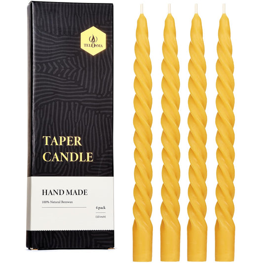 Beeswax Taper Candles Set of 4, Spiral Taper Candle Sticks Dripless Long Candle Sticks for Dinner Wedding Party Christmas Home Decorations - 10 Inch Tall - Yellow