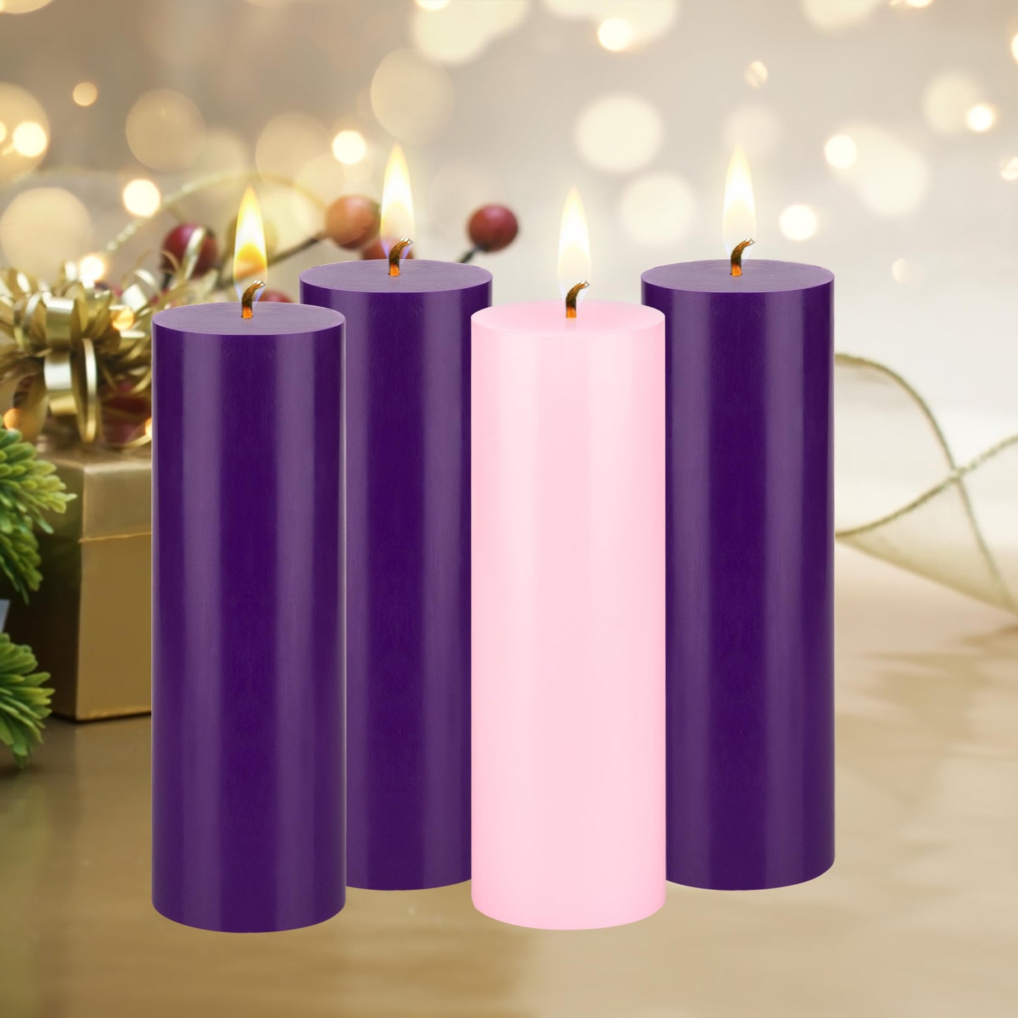 Mega Candles 4 pcs Unscented Christmas Advent Candles Set, Hand Poured Premium Wax Round Pillar Candle 3 Inch x 9 Inch, Holidays, Occasions, Events, Festivities, Devotional, Church, Wreath, Gifts