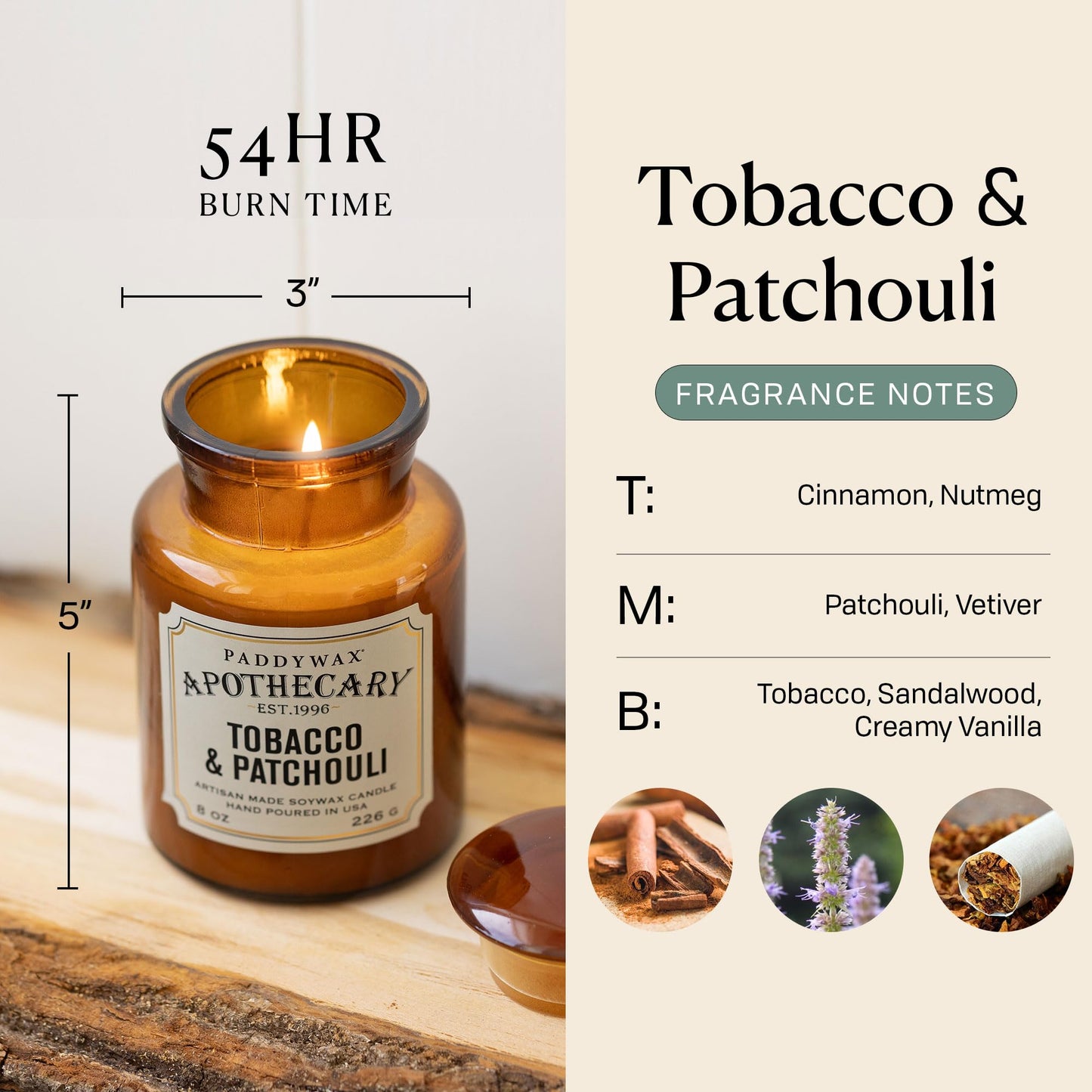 Paddywax Artisan Apothecary Scented Candle with Lid in Reusable Glass Jar, Clean-Burn Soy Candle with Approx. 54 Hour Burn Time, Tobacco & Patchouli, 8 oz.