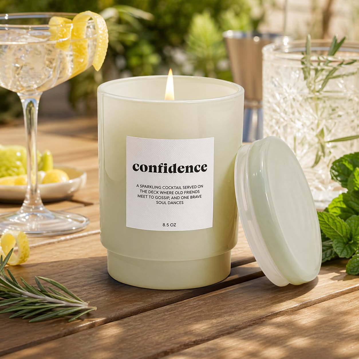 AromaLight 8.5oz with Lid Glass Jar Candle in Green – Sparkling Pear Bellini Scent, Confidence Collection, Mini Soy Candle