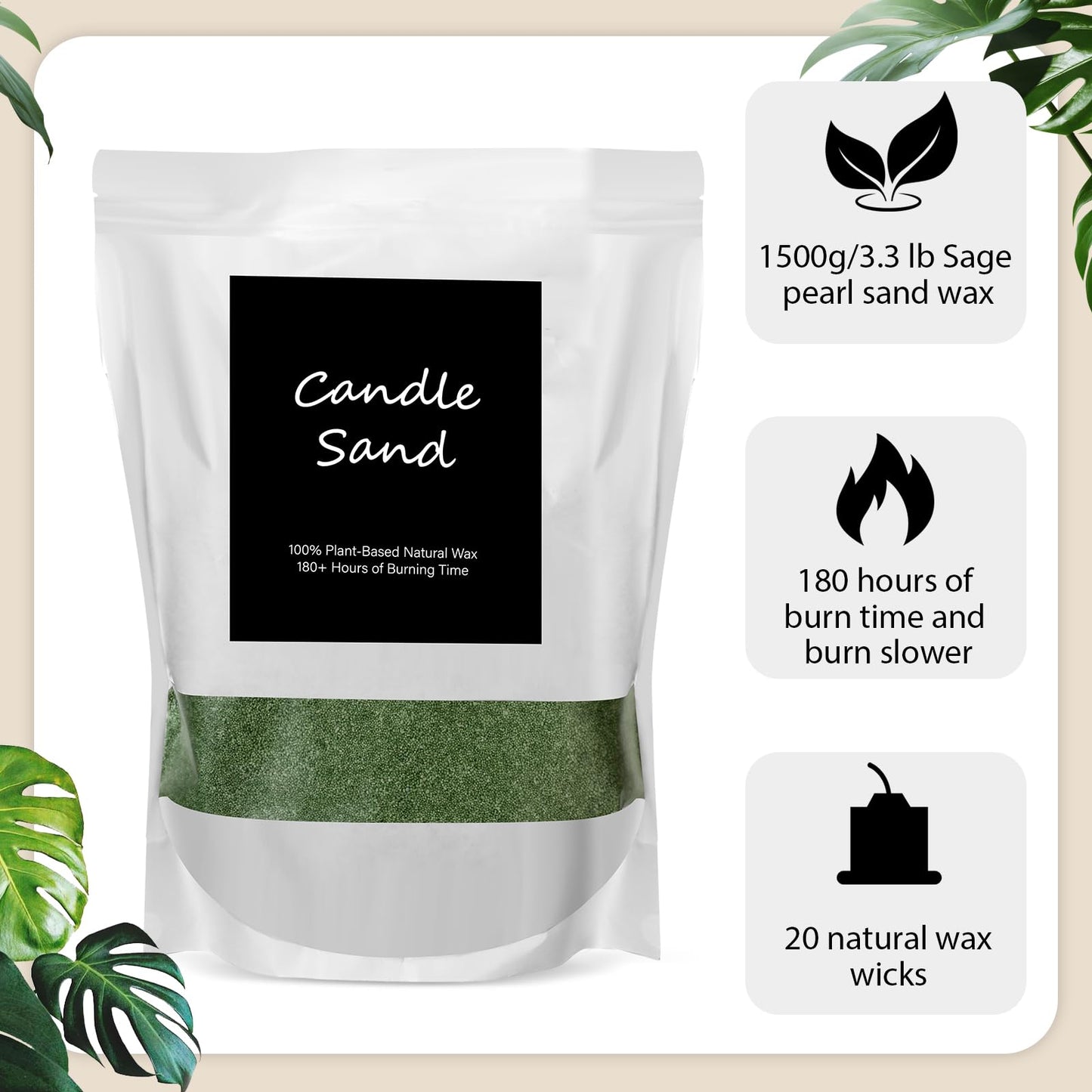 MTLEE Candle Sand 3.3 lb DIY Pearled Candle Making Kit Included 20 Pcs Wicks and Refillable Beaded Wax Sand Beaded Wax Gift with Wicks Self Extinguish for Home Wedding Party Women(Green)