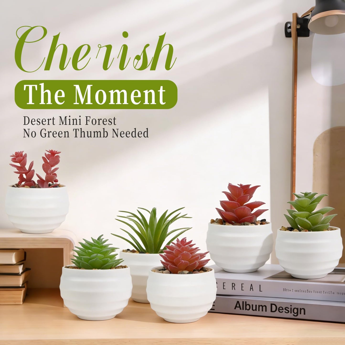 sunanday 6-Pack Mini Artificial Succulents in Ceramic Pots,Small Fake Plants for Desk, Bathroom, Aesthetic Living Room & Home Office Decor,Office Desk Accessories