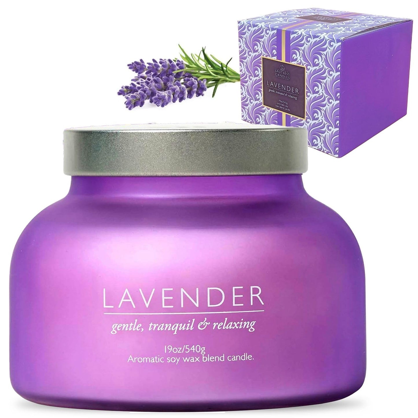 Lavender Candle 19oz Volcano Jar with Wooden Wick Upto 75 Hours Burn Time in a Large 4" x 5" Solid Purple Glass Jar in a Luxury Gold Foil Gift Box