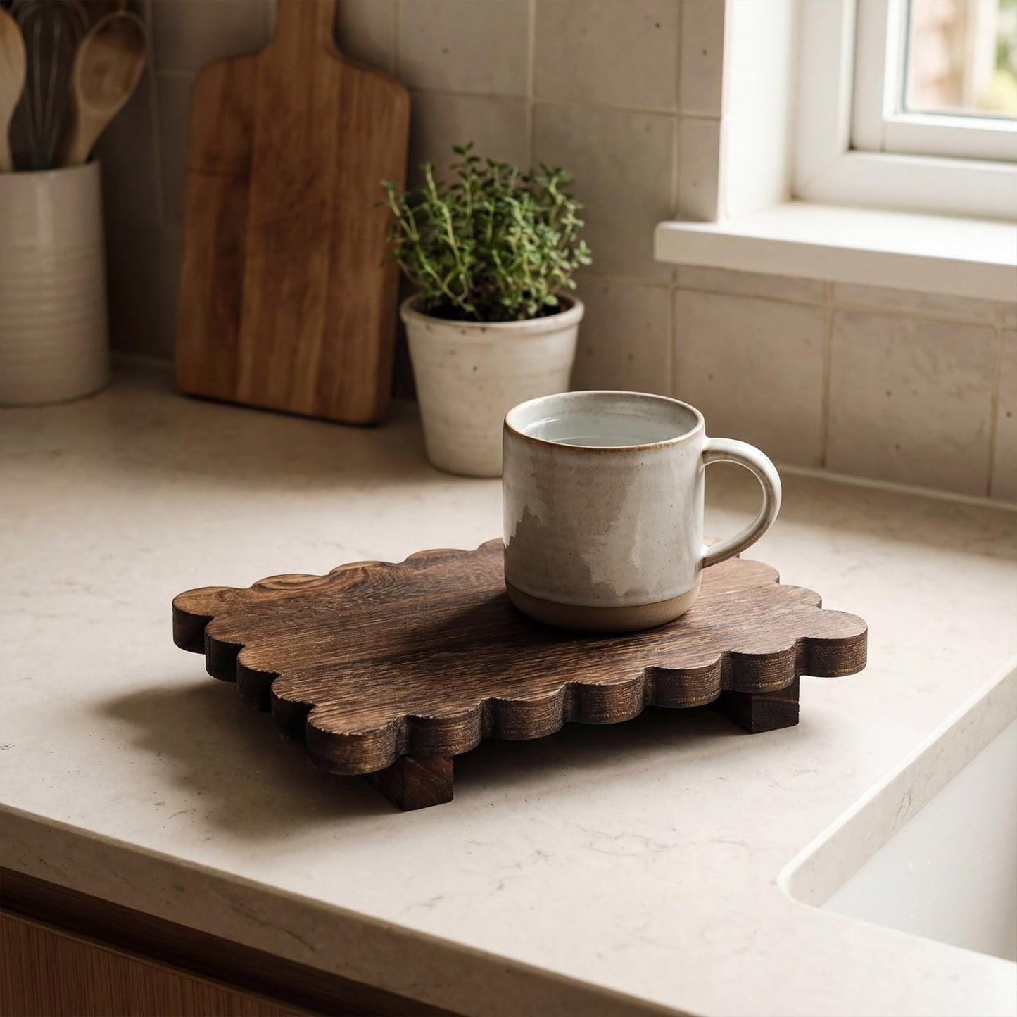 Yookeer Scalloped Wood Riser Tray Soap Rustic Bathroom Decoration Scalloped Stand Soap Tray Wooden Decorative Pedestal Farmhouse Stand Decor for Bathroom Kitchen Bottles Dishes Plant Candles Display