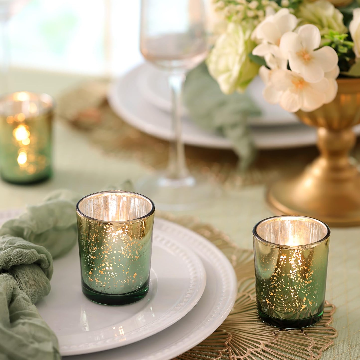 Volens Green Votive Candle Holders Set of 12, Speckles Mercury Glass Tealight Candle Holder Bulk for Table Wedding Centerpiece, Green and Gold Party Decorations & Home Decor