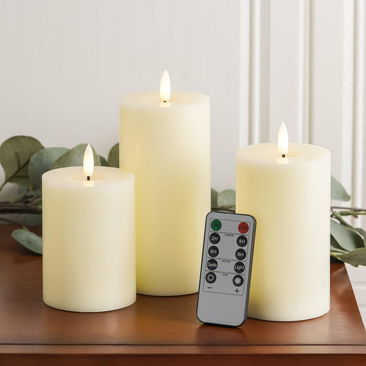Stmarry Ivory Flameless Candles with Remote and Timer, Real Wax Made LED Pillar Candles Battery Operated with 3D Flickering Flame - 3" x 4",5",6" - Set of 3