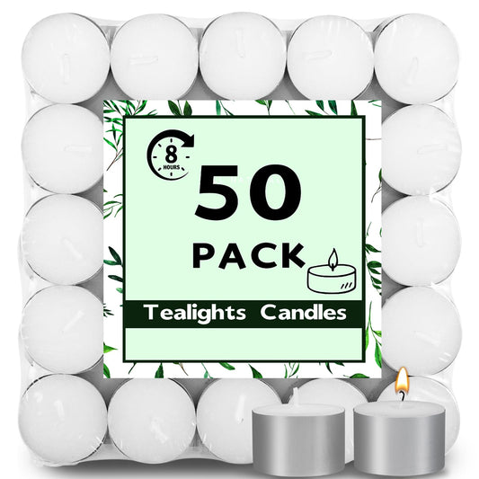 Yihurlm 50 Pack Tea Lights Candles, 8 Hours Long Burning Tealights Candle Bulk, Smokeless & Unscented Candles, White Tea Lights Candle for Shabbat Weddings Home Decor Table Centerpiece