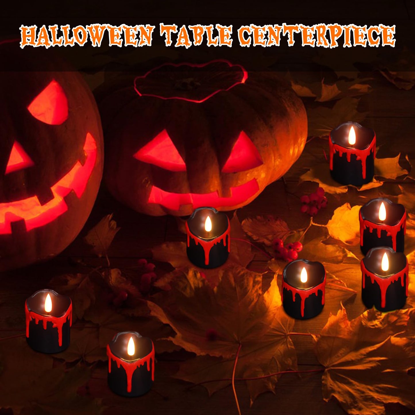 KunSwenn Halloween Black Votive Candles Battery Operated with Long Lasting CR2450 Batteries, LED Flameless Flickering Candles with 6H Timer, 6Pcs Black and Red Drip Wax Candle Gothic Home Decor