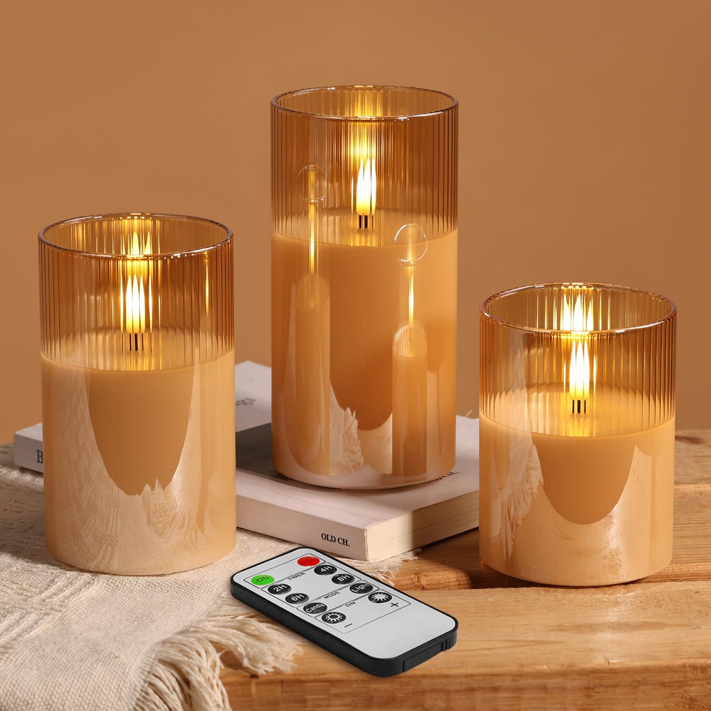Eywamage Gold Ribbed Glass Flameless Pillar Candles with Remote, Flickering LED Wax Candles Battery Operated Set of 3