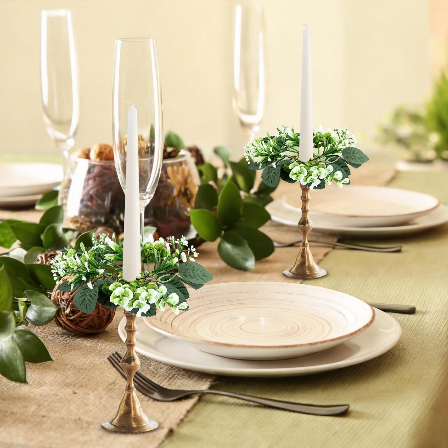 6 PCS Eucalyptus Taper Candle Rings Wreaths 1.38" Mini Spring Summer Floral Taper Candle Holder Wreaths Artificial Greenery Leaves Table Centerpieces Wreath for Farmhouse Home Candlesticks Decor