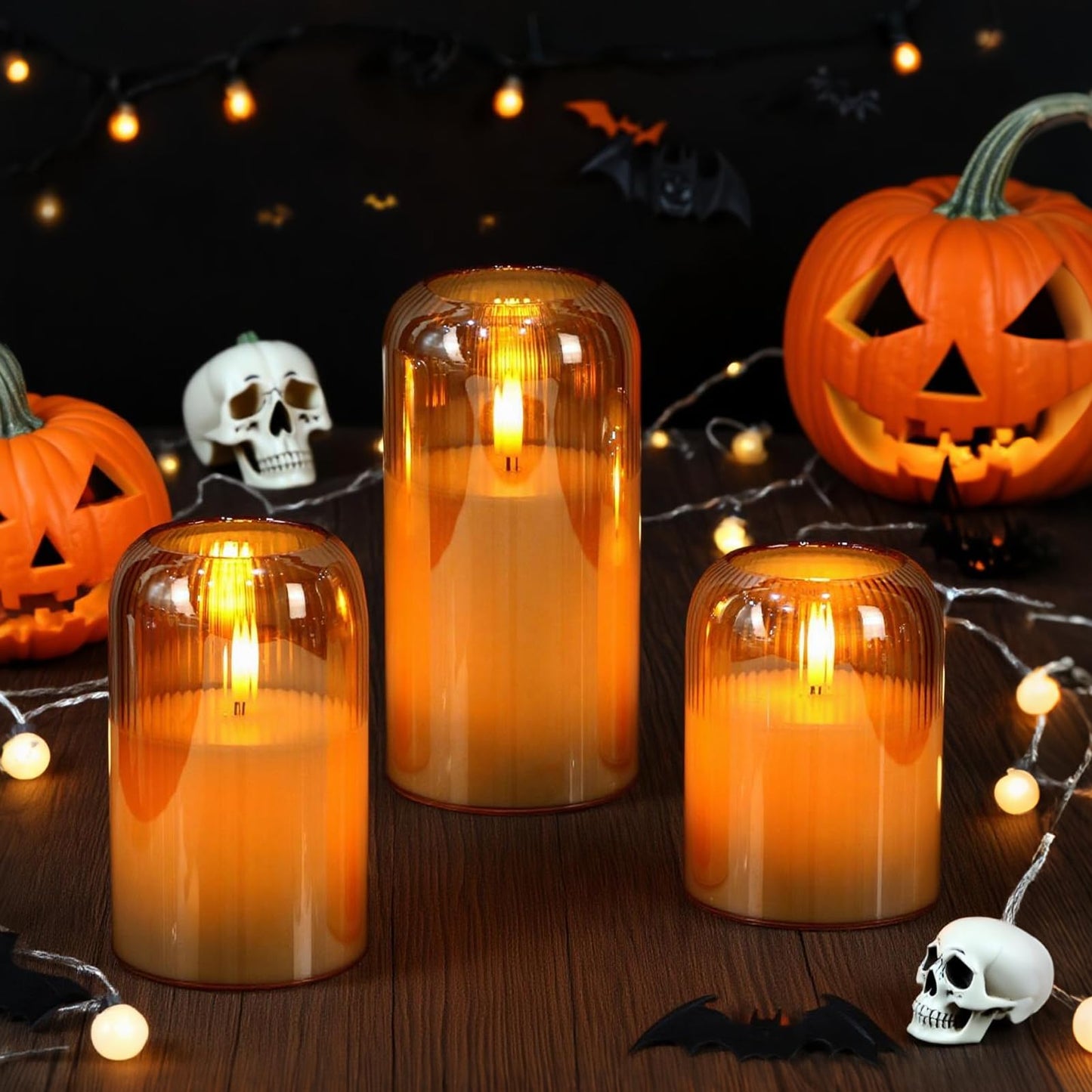 DRomance Glass Flameless Candles with Remote and Timer Battery Operated 3 Pack Real Wax Striped Gold LED Flickering Pillar Candles Dinner Wedding Halloween Christmas Holiday Decor(3" D x 4",5",6" H)