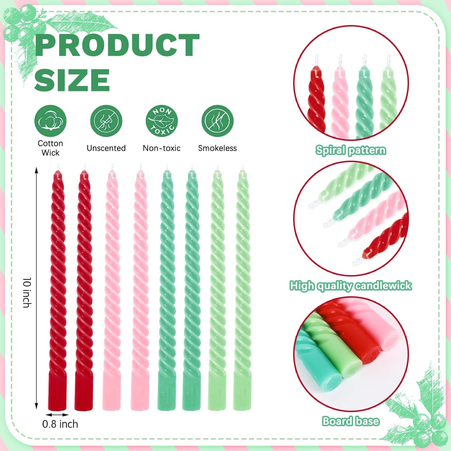 Whaline 8Pcs Christmas Spiral Taper Candles Red Green Pink Xmas Dripless Twisted Wax Candles 10 Inch Long Unscented Candle Sticks for Birthday Wedding Holiday Dinner Party Holiday Home Table Decor
