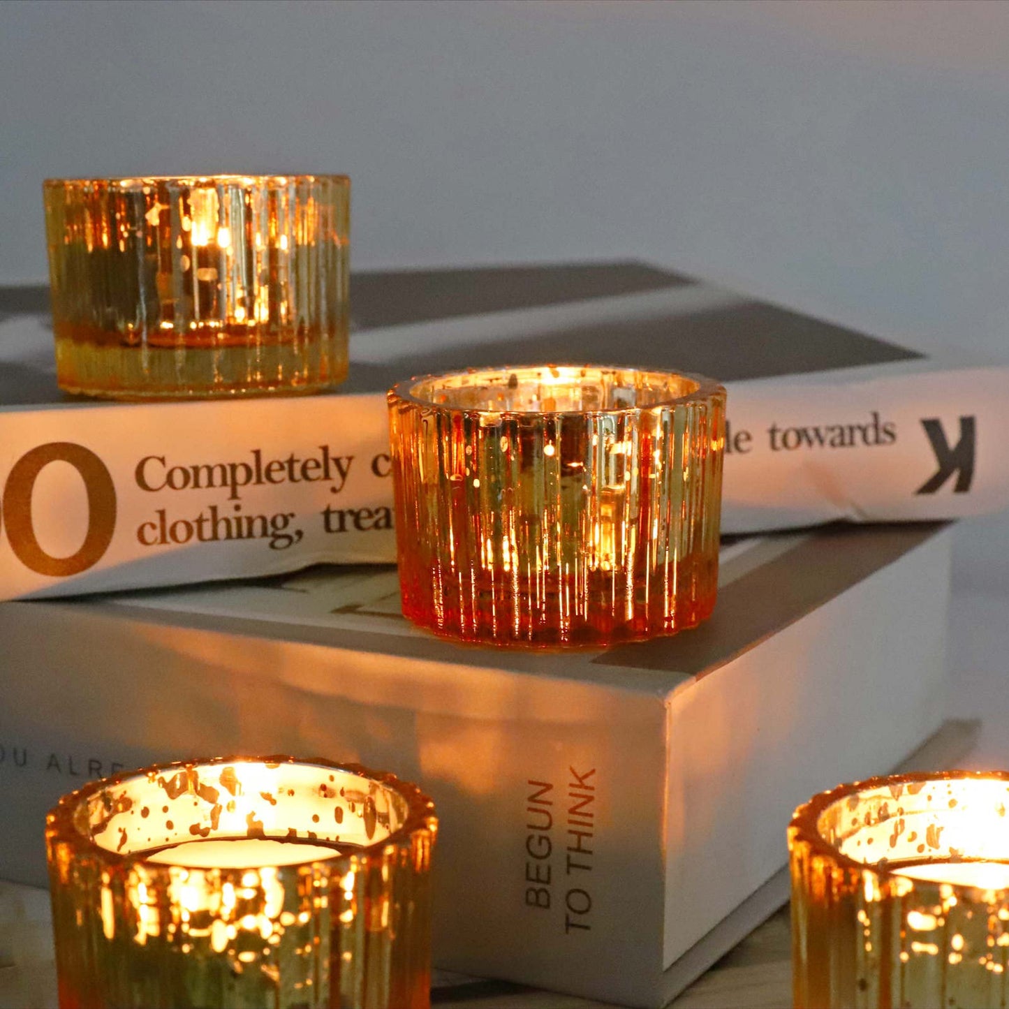 VOHO Gold Candle Holders for Wedding Dinner Party, Tealight Candle Holder Set of 12 for Table Centerpiece, Mercury Glass Candle Holder Gifts for Women (2x1.4 Inch, Mercury Golden)