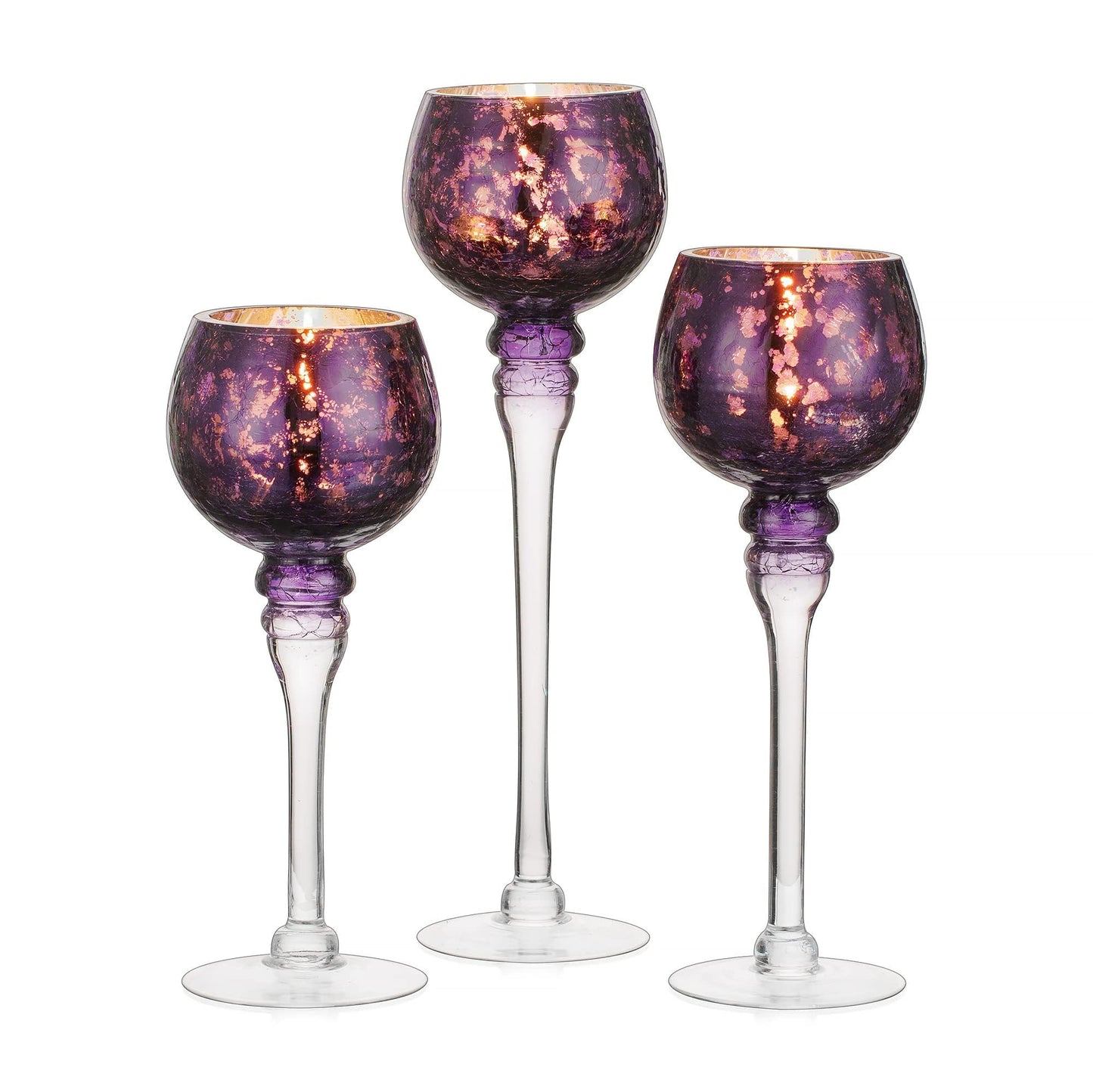 Inweder Glass Tealight Candle Holder: Purple Mercury Votive Holders 9/10/12 Inch Tall Long Setm Floating Candle Holders for Christmas Dining Table Centerpiece Wedding Party Halloween Set of 3