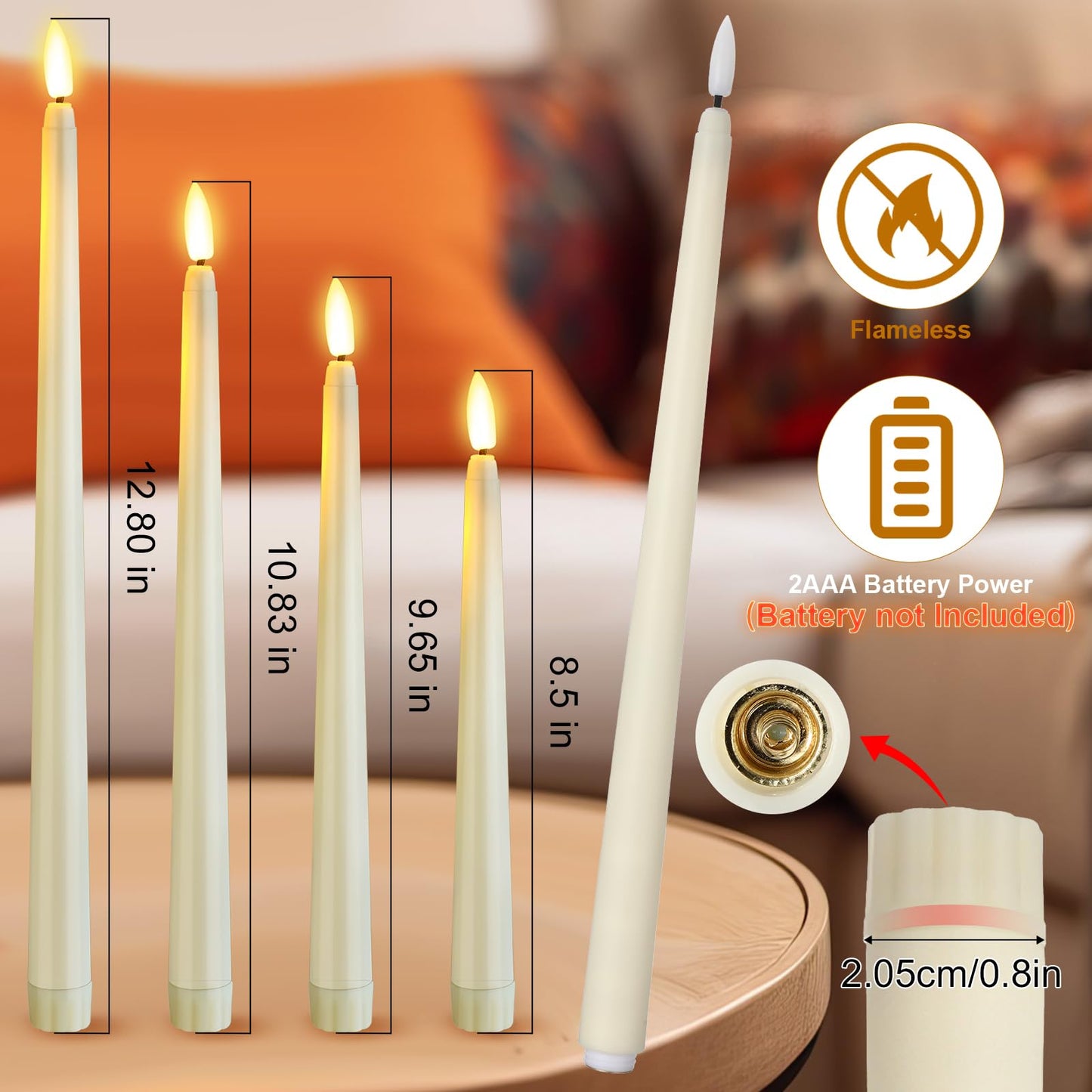 Rossesay 48 Pcs Flameless LED Taper Candles Battery Operated Candles 4 Sizes of 8.5'', 9.65'', 10.83'', 12.8'' Flameless Candlesticks Flickering for Halloween Christmas Church Wedding(Ivory)