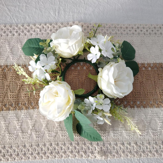 Set of 4 Artificial Rose Daisy Flowers Candle Rings Wreaths 3 Inch Center Green Eucalyptus 8" Floral Small Wreath for Pillars Spring Easter Wedding Party Home All Season Decor (White)
