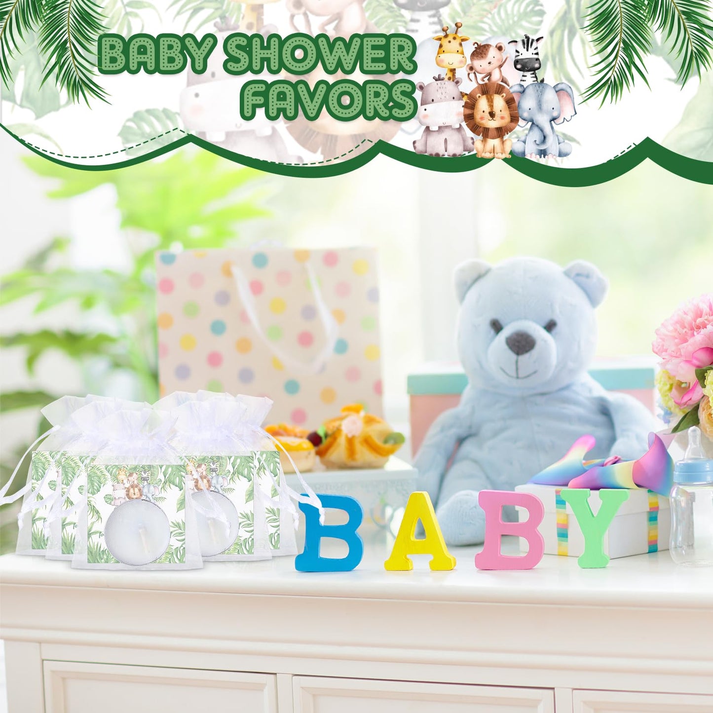 MTLEE 50 Sets Baby Shower Party Favors Candles Including 50 Pcs Tealight Candles Thank You Cards Baby Shower Bags for Guests Prizes Gender Reveal Party Decorations(White,Animals)