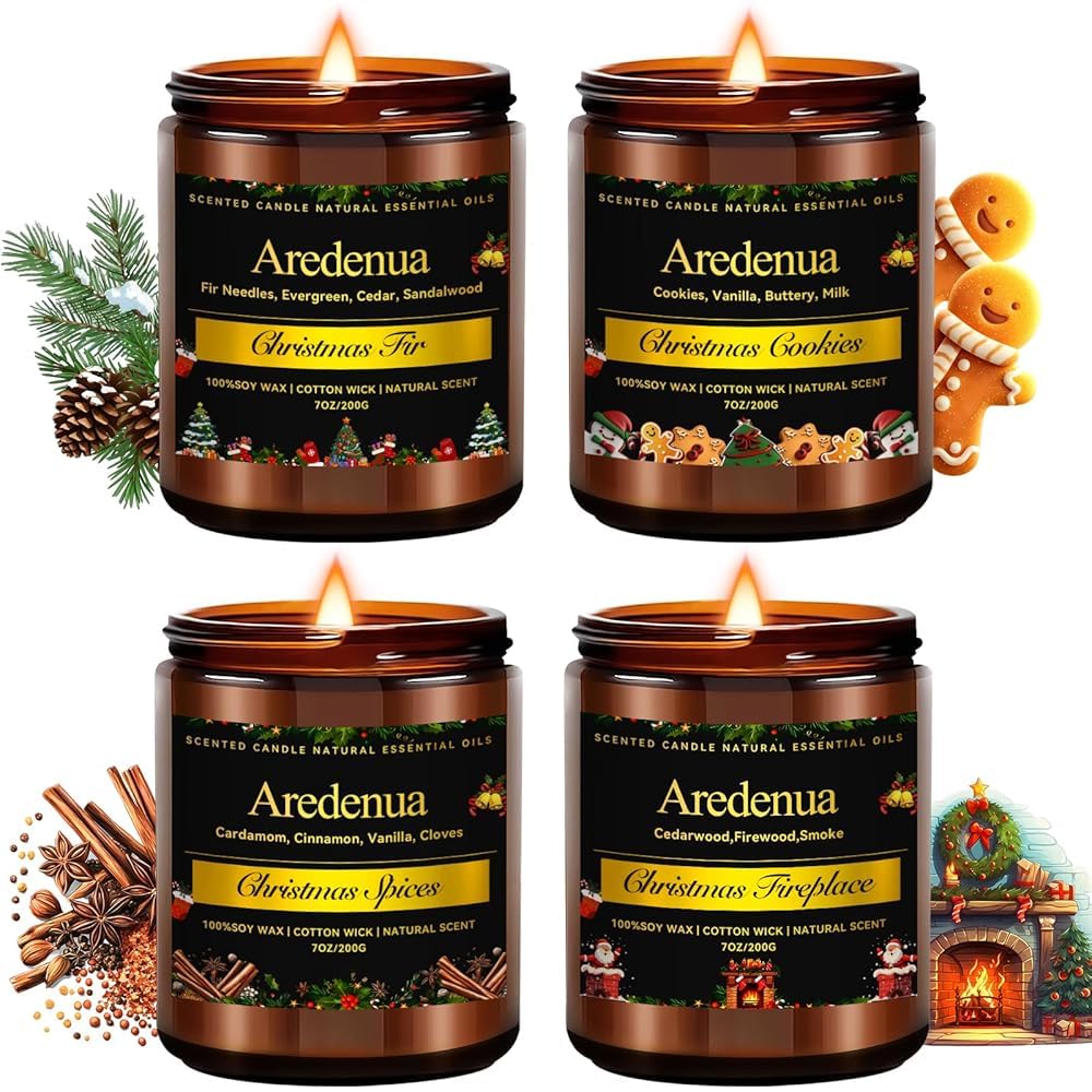 Holiday Candles Set | 4 Pack Holiday Scented Candles, Hand Poured Soy Candles for Home Scented - Christmas Candle Gifts for Women and Men - Scents of Fir/Spices/Cookies/Fireplace