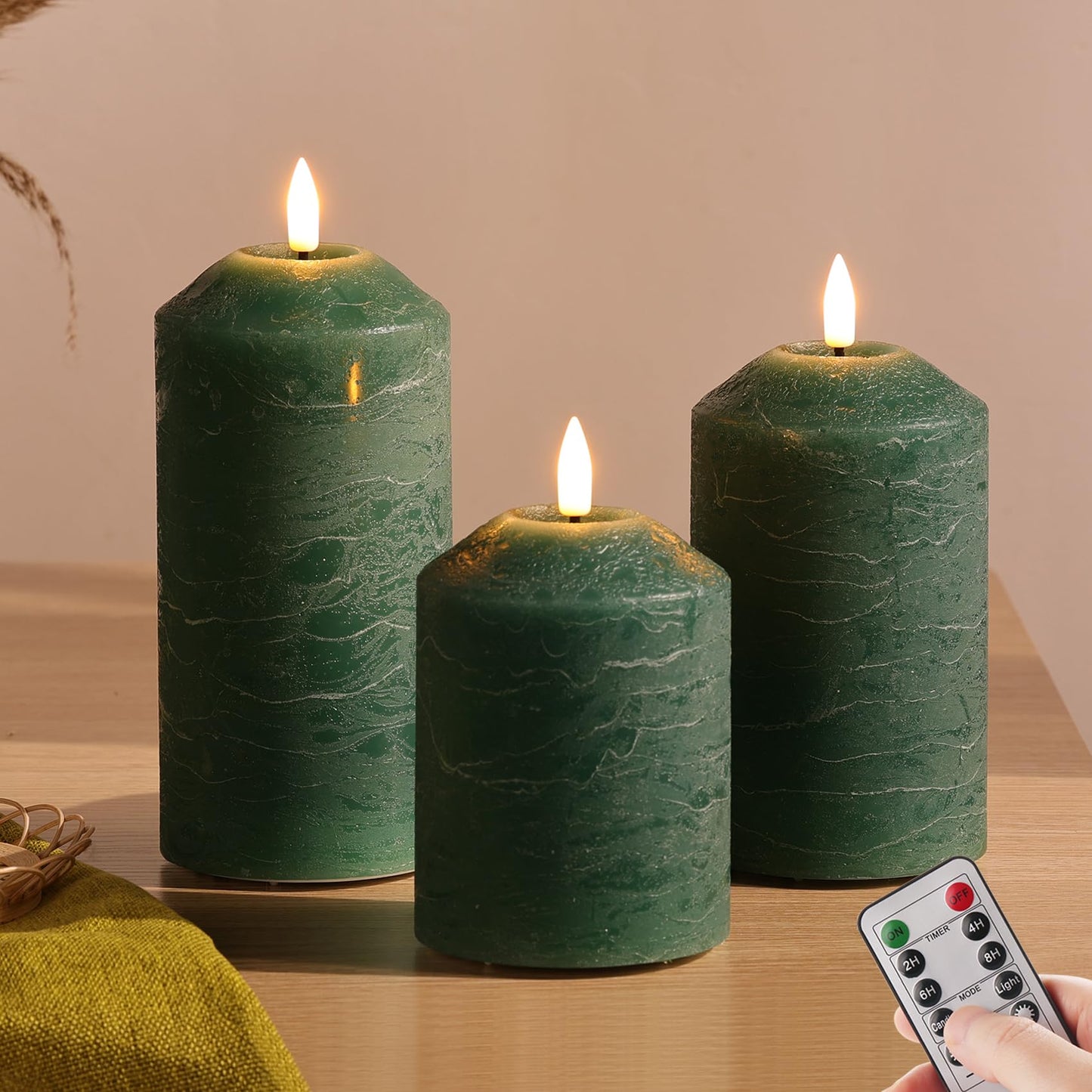 Eywamage Green Flameless Pillar Candles with Remote, Real Wax LED Battery Candles Flickering Spring Home Decor Set of 3