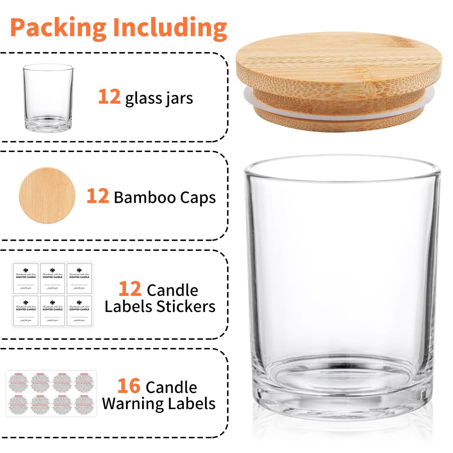 SUPMIND 12 Pack Glass Candle Jars-10oz Clear Empty Candle Jars with Bamboo Lids and Sticky Labels, Bulk Candle Jars for Making Candles Containers - Dishwasher Safe