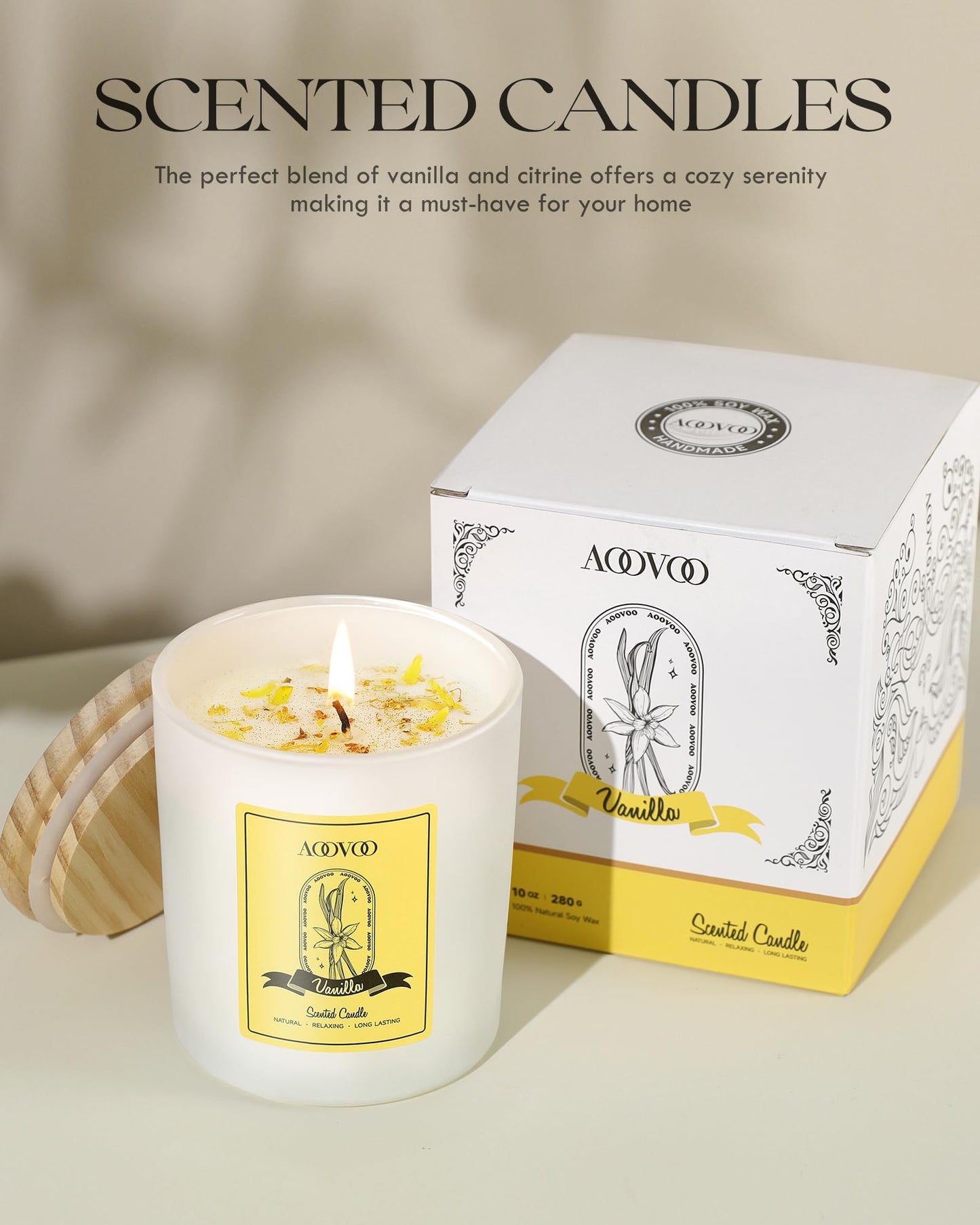 AOOVOO Vanilla Scented Candles for Women - Aromatherapy Candle with Crystals Inside, 10oz Soy Candles for Home Scented, Birthday Gifts Valentines Day Candle for Women Mom