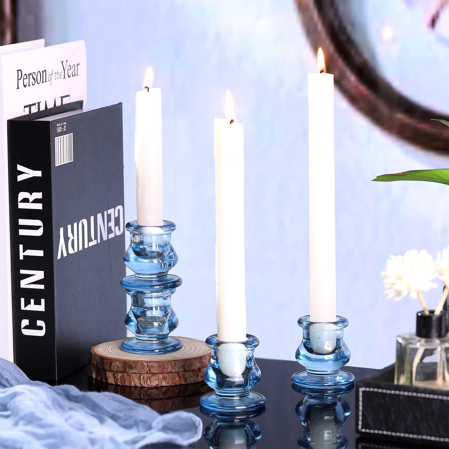 NITIME 12pcs Blue Candlestick Holders, Blue Glass Candle Holders for Pillar Candles, Taper Candle and Tealight Candles, Taper Candle Holders for Wedding, Table Centerpiece