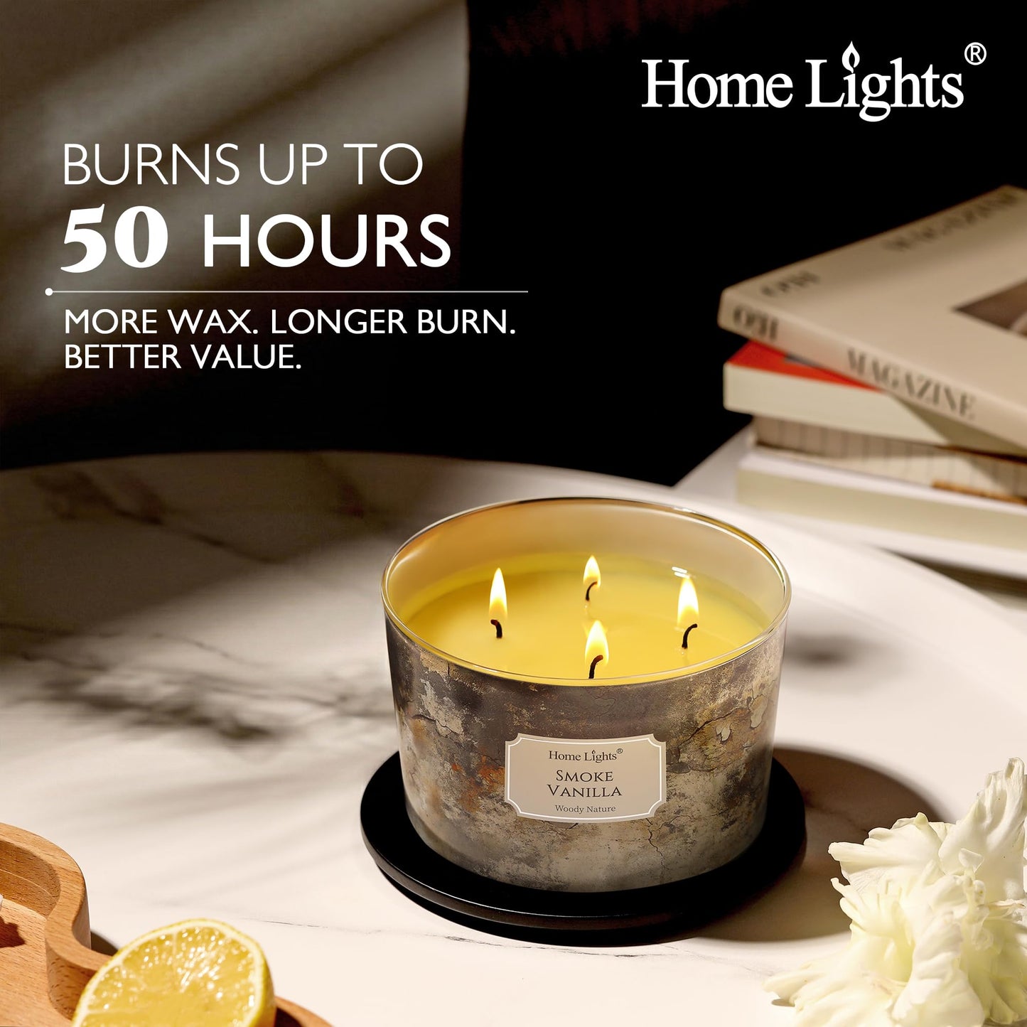 HomeLights Large jar Candle | 4-Wick Long-Lasting Scented Candles, 18oz Natural Soy Wax Candle for Home Scented, Industrial Chic Gifts for Women & Men, Smoke Vanilla