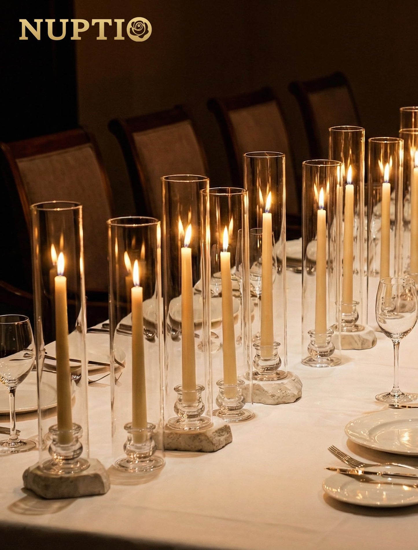 NUPTIO Hurricane Glass Candle Holders: Set of 30 Candlestick Holder with Thickend Windproof Chimney Covers - Tall Taper Candleholder Bulk for Wedding Table Centerpiece