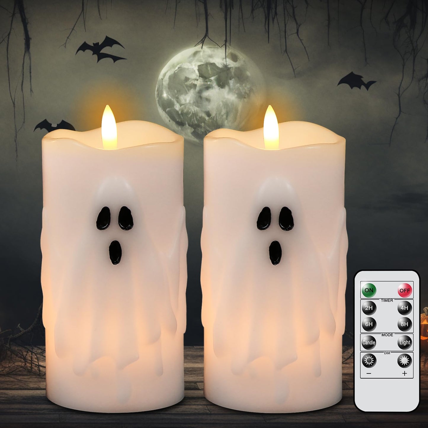 Eldnacele Spooky Ghost Halloween Flameless Candles Battery Operated with Remote & Timer Set of 2 LED Flickering Pillar Candles White Real Wax 3D Wick Long Lasting Home Indoor Decor (3" D x 6.5" H)
