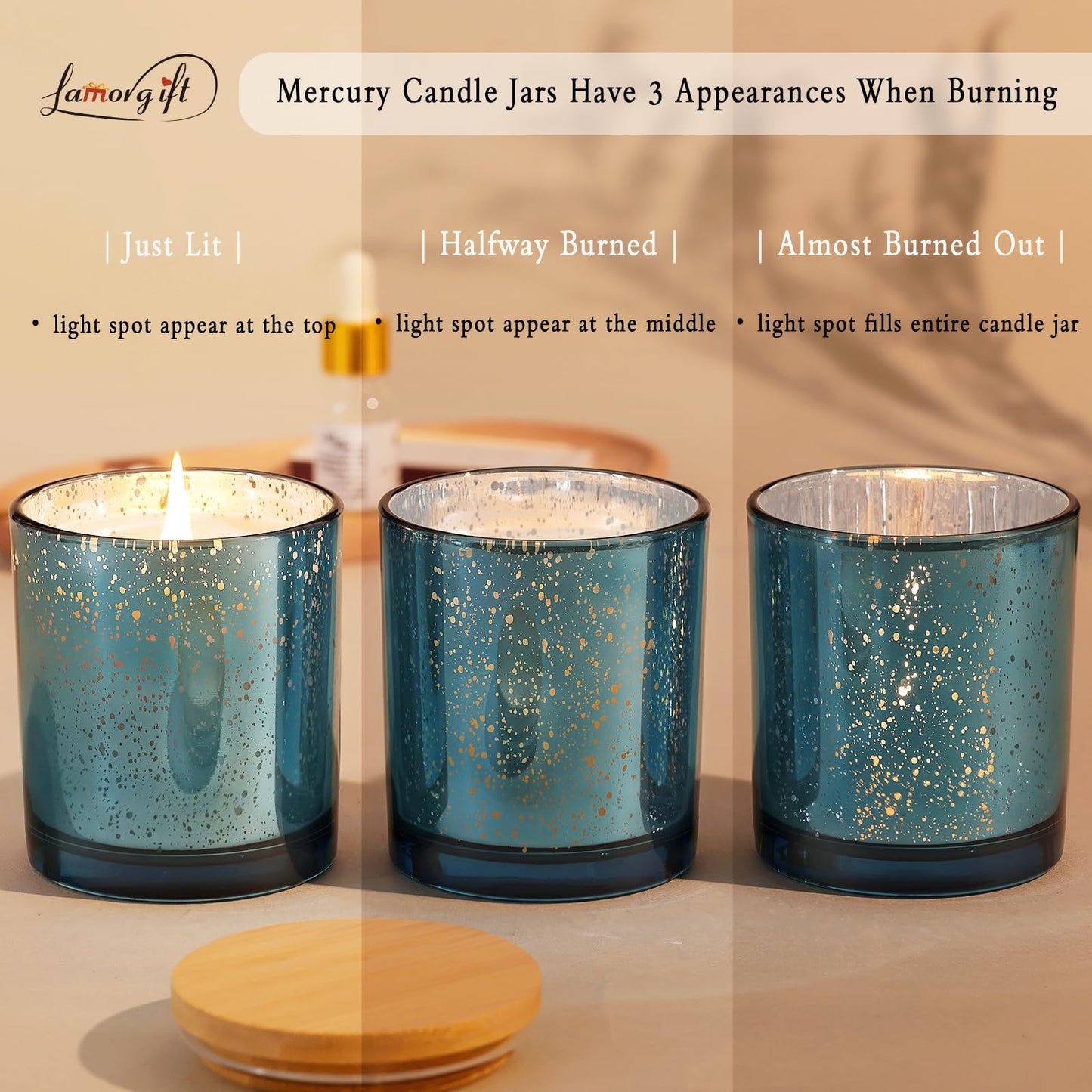 LAMORGIFT 12 Pack Glass Candle Jars with Lids (Lake Blue) - 10 OZ Candle Making Jars - Candle Containers for Making Candles - Mercury Glass Candle Jars Include 12 Pcs Candle Labels.