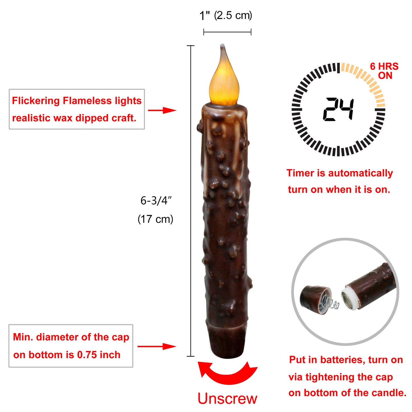 CVHOMEDECO. Real Wax Hand Dipped Battery Operated LED Timer Taper Candles Country Primitive Flameless Lights Décor, 6-3/4 Inch, Brown, 2 PCS in a Package
