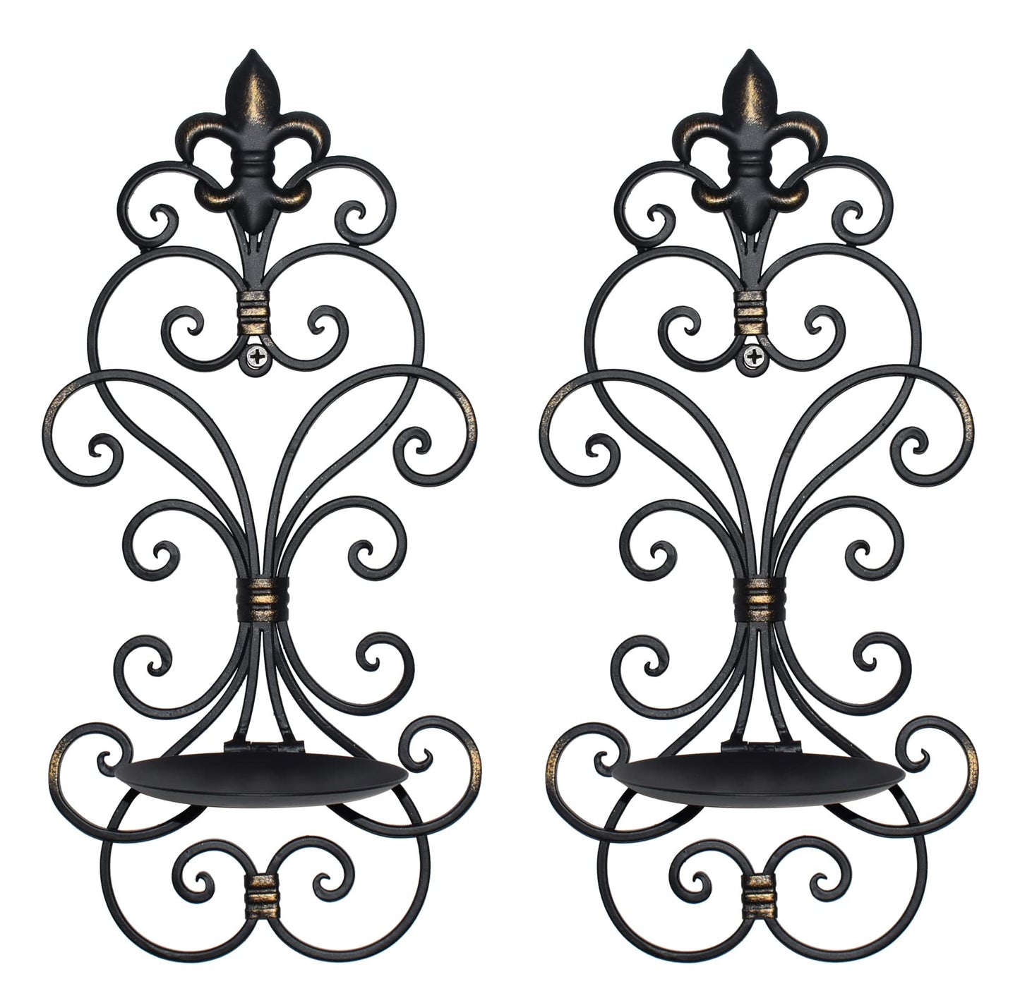 JUCONSIN Wall Sconces Candle Holder Set of 2, Metal Wall Decorations Hanging Wall Mounted Candle Sconces for Living Room Dining Room, Black with Gold (Black with Gold)