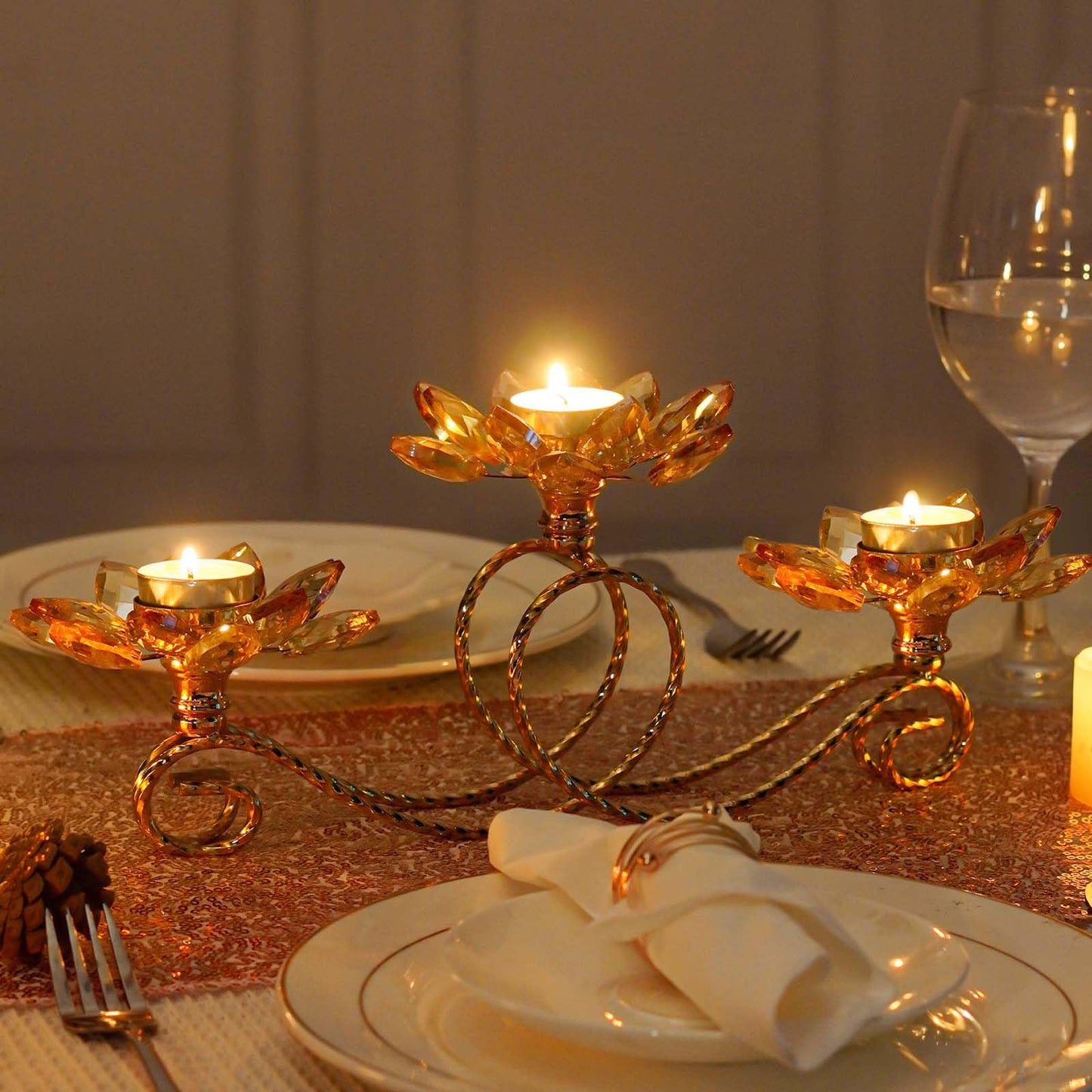 2Pcs Gold Kehail Crystal Metal Tea Light Candle Holder Set, 3-Arm Flower Shaped Crystal Votive Candlestick Holders for Table Centerpiece, Wedding Shower, Party and Home Decor