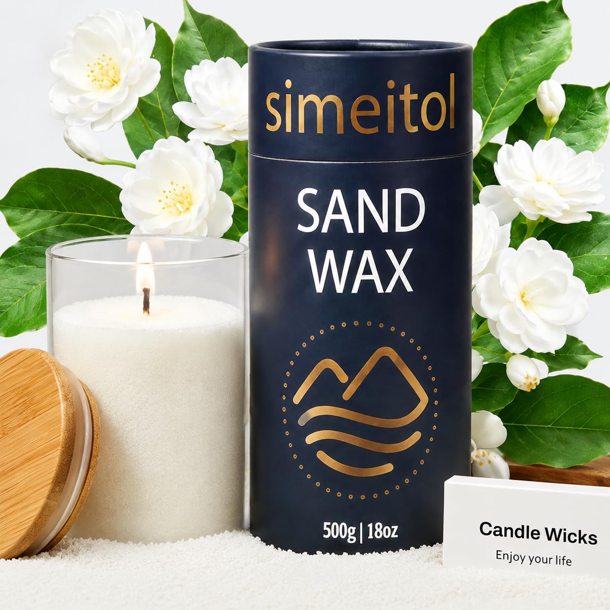 18oz Scented Candle Sand Wax, Sandalwood & Jasmine Scented Pearled Candles with a Glass Jar, Long Lasting with 120 Hours Refillable Candle Sand with 30 Wicks for Mom/ Home Decor/ Holiday Gift/ Relax