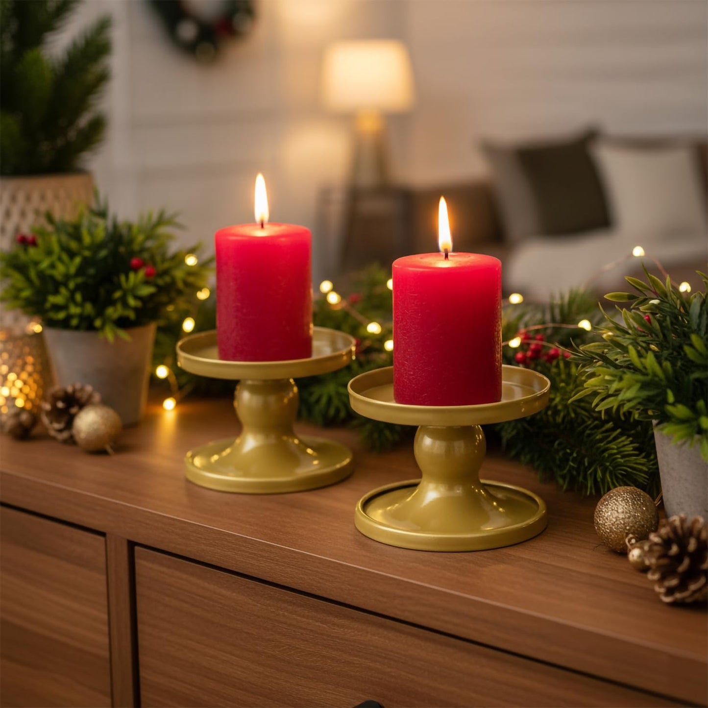 Table Gold Candle Holders – Set of 2 | Reversible Metal Candle Stand for Pillar & Taper Candles | Stylish Tabletop Candle Tray for Home Décor, Weddings & Special Occasions (Gold)