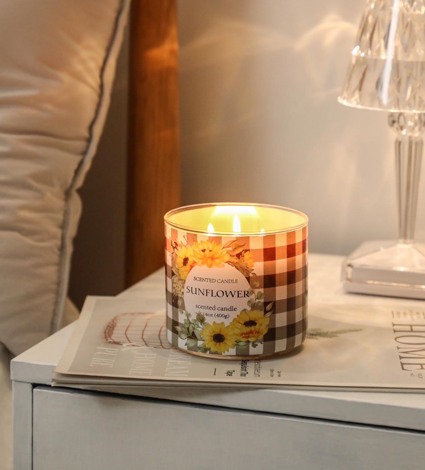 Sunflower Candle, Summer Sunflower Scented Candles Gift for Women, 3 Wicks Large Candle, 14 oz