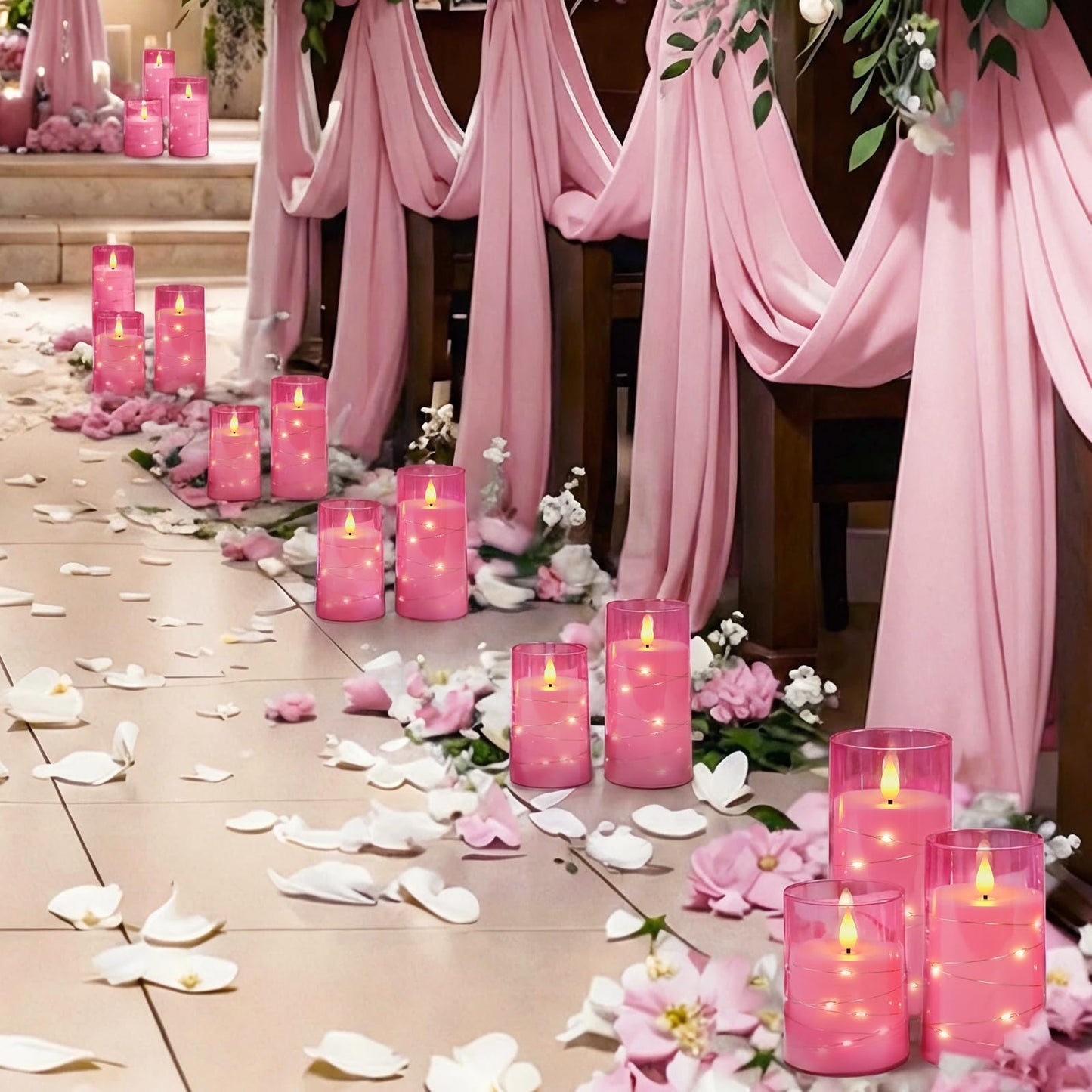 Homemory Flameless Pink Candles with Embedded Star String Fairy Lights, Battery Operated Candles, LED Candle, Fake Candles with Remote Control and Timer, Set of 3(H 4" 5" 6”)