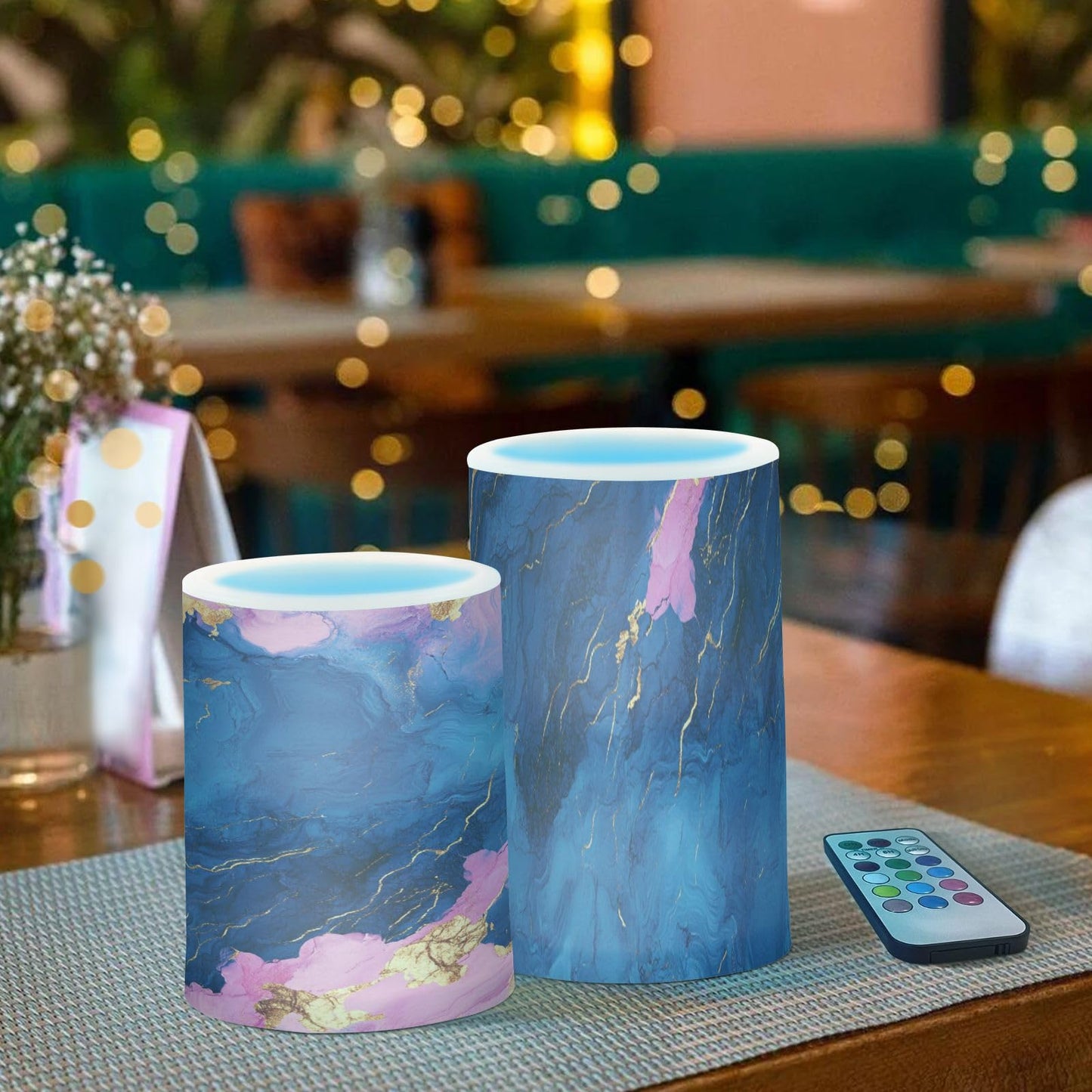 Flameless Pillar Candles Battery Powered Flameless Candle Lantern for Fireplace Marble Navy Blue Pink