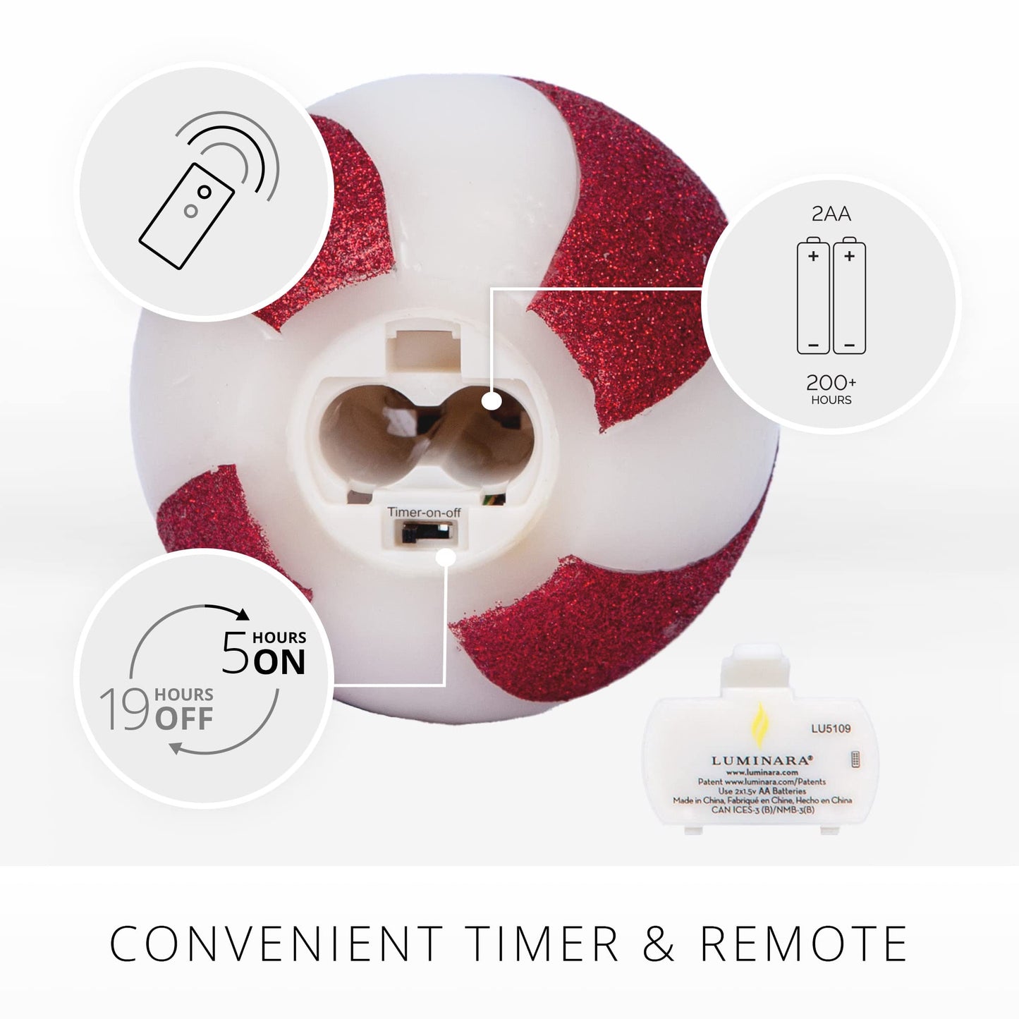Luminara - Flameless Holiday Crystal Beads Glitter Sphere Candle - Candy Cane Red - Pack of 1-4x4.25 - Auto Timer Built-in 5-Hour Timer Indoor Use