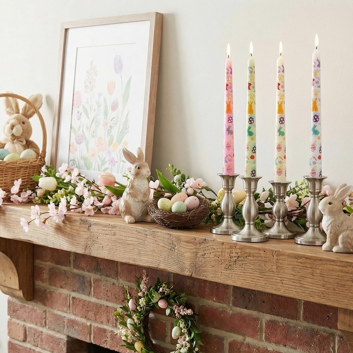 FYBW 4 Pack Easter Printed Taper Candles, 10" Long Decorative Candles with Spring Bunny & Egg Design Decorative Candles for Easter Table & Home Decor