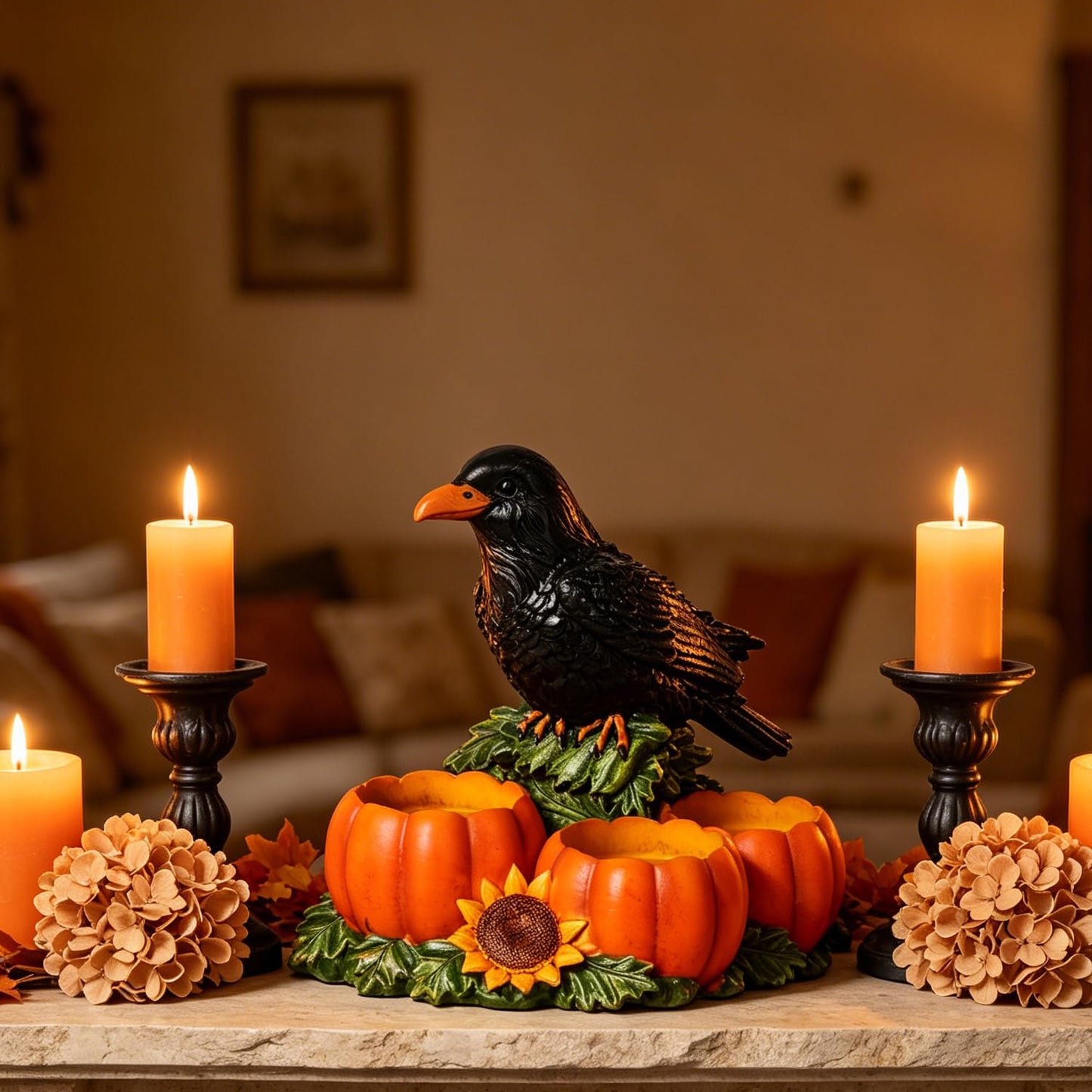Halloween Raven Candle Holder Resin Black Crow Figurine with 3 Pumpkin Tealight Holders & Sunflower, Halloween Table Decorations for Fall Harvest Centerpiece and Thanksgiving